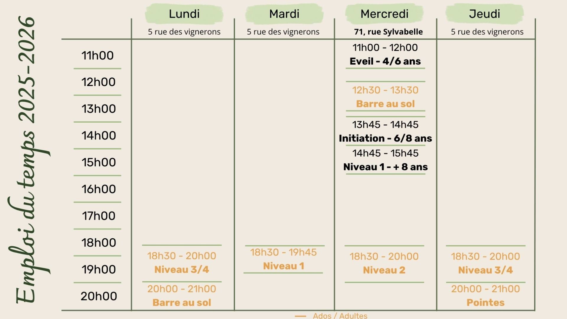 planning des cours